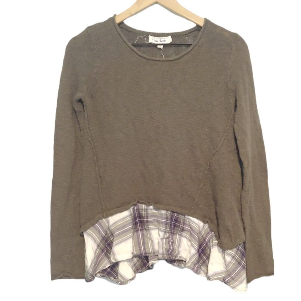 Cloud Chaser Green Plaid Accent Hem Knit Top Size Medium Preppy Academia